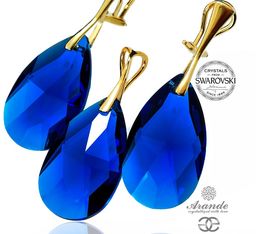 Kryształy Szafirowy Komplet Sapphire Złote Srebro Klipsy+Wisiorek