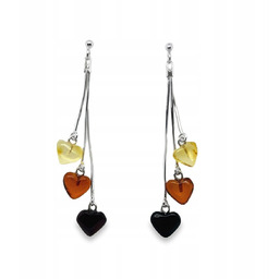 Kolczyki Wiszące Długie Serduszka Srebro Bursztyn Srebrne
