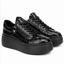 Czarne Lakierowane Sneakersy Damskie na Platformi 41