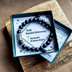 Czarny TURMALIN Runa ALGIZ Amulet OCHRONNY Bransoletka Męska