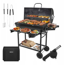 Grill Węglowy z Pokrywą Ogrodowy Duży z Półkami