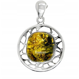 SREBRNY WISIOR z bursztynem ręcznie wykonany zielony bursztyn