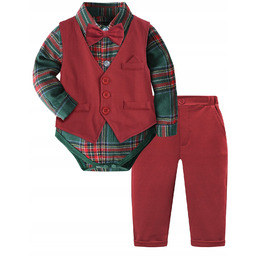 Garnitury chłopięce z Romperem w kratę,Kamizelka, Szelki, Czerwone