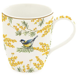 KUBEK PORCELANOWY Sikorka i gałązki mimozy