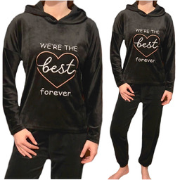 Piżama damska welurowa długi rękaw z kapturem czarny