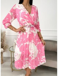 Różowo-Kremowa Plisowana Sukienka