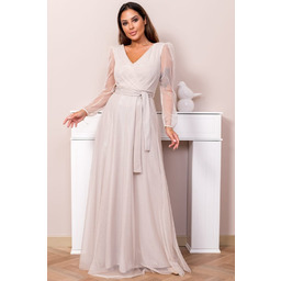 Tiulowa Sukienka z Kopertowym Dekoltem Maxi z rękawem