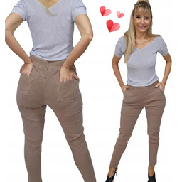 SPODNIE jeans beż gumy modne ściągające mocno elastyczne