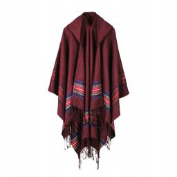 PONCHO Ponczo Szal Narzuta tkane Boho Western bordo