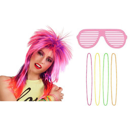 Zestaw Disco Lata 80 Różowy Peruka Okulary Naszyjnik