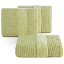 Ręcznik bawełniany w prążki oliwkowy z welurową bordiurą