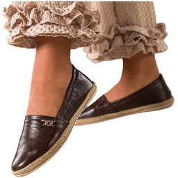 Czekoladowe półbuty espadryle skórzane damskie slip on