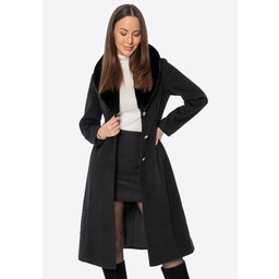 Damski płaszcz z odpinanym sztucznym futerkiem czarny