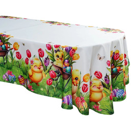 Obrus wielkanocny zielony owalny w kurczaczki, pisanki