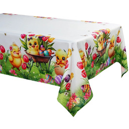 Obrus wielkanocny zielony prostokątny w kurczaczki, pisanki