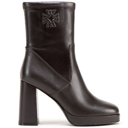 Damskie botki na wysokim słupku z monogramem brązowe