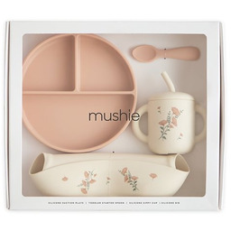 Mushie Silikonowy zestaw obiadowy dla niemowlaka Pink Flowers