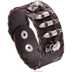 Skórzana bransoletka z czaszką Militaria Naboje brązowy