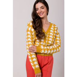 Krótki Kardigan w Pepitkę - Miodowy