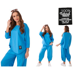 Turkusowy komplet bawełniany damski: bluza oversize i spodnie