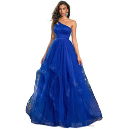 SUKIENKA WIECZOROWA NIEBIESKA NA JEDNO RAMIĘ Z FALBANĄ