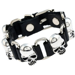 Bransoletka meska skorzana czarna czaszki punk rock 24cm