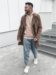 Płaszcz dwurzędowy męski zimowy camelowy z wysokim kołnierzem