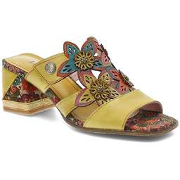 Laura Vita Klapki damskie, na obcasie ozdobne kwiaty