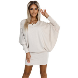 Nietoperzowa Sukienka z Brokatem - Beżowa