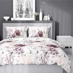 Pościel z satyny bawełnianej biała w bordowe kwiaty