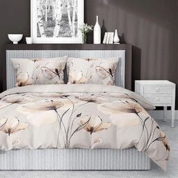 Pościel z satyny bawełnianej beżowa w kwiaty SJB-642