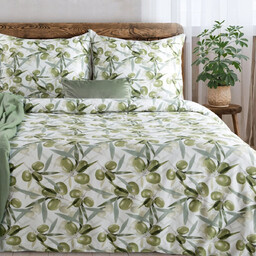 Pościel z satyny bawełnianej biało-zielona w oliwki PTE-216
