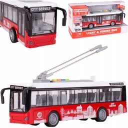 Duży czerwony trolejbus miejski otwierane drzwi dźwięki światła