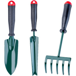 Zestaw narzędzi ogrodowych: łopatka, wycinacz, grabki