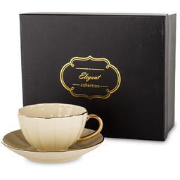 Filiżanka ze spodkiem z porcelany beżowo złota