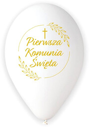 Balony lateksowe ze złotym napisem Pierwsza Komunia Święta