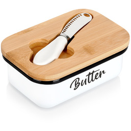 Maselniczka metalowa biała z bambusową pokrywką i nożykiem