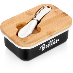 Maselniczka metalowa czarna z bambusową pokrywką i nożykiem