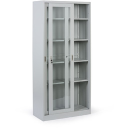 Metalowa szafka z półkami i szklanymi przesuwanymi drzwiami,