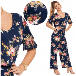 Kombinezon Długi Damski Kwiatowy Wzór Kobieca Podkreślona Talia