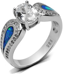 Srebrna Obrączka z Niebieskim Opalem i Cyrkoniami