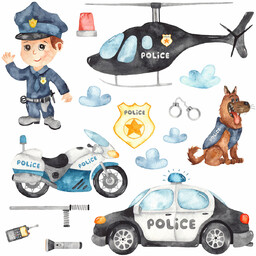 Naklejka na ścianę policja - radiowóz helikopter policjant
