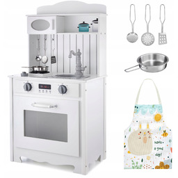 Kuchnia Dziecięca Biała Drewniana z Fartuszkiem Akcesoriami