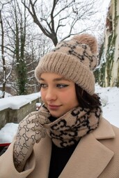 Zestaw czapka, komin, rękawiczki Glamour Beżowo-czarny 1
