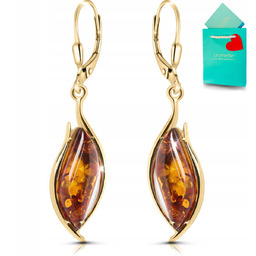 Złote kolczyki z bursztynem wiszące srebro pozłacane bursztyn