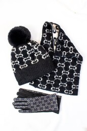 Zestaw czapka, komin, rękawiczki Glamour Czarno-biały 1