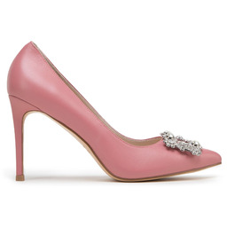 Szpilki ze skóry z błyszczącą klamrą różowe