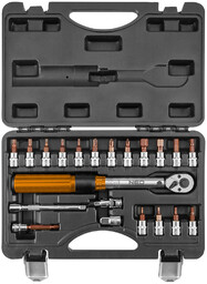 Klucz dynamometryczny dwukierunkowy 1/4", 5-25Nm, zestaw 21 szt.