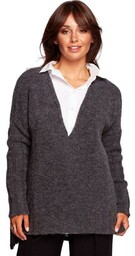 Wełniany sweter z dłuższym tyłem grafitowy BK083, Kolor
