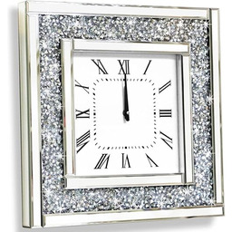 DMDFIRST Silver Square Mirror Clock 20x20inches Crystal Sparkle